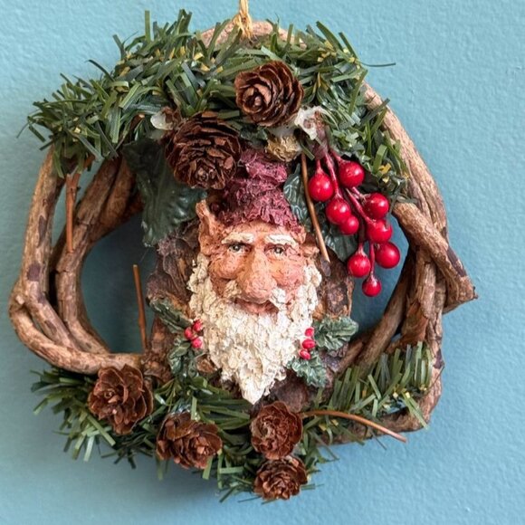 Santa-Themed Rustic Wreath Ornament With Pinecones & Faux Berries Grapevine - Picture 3 of 9